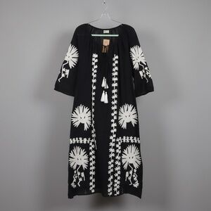 Rhea Black White Embroidered Boho Caftan Midi Dress One Size Tassel